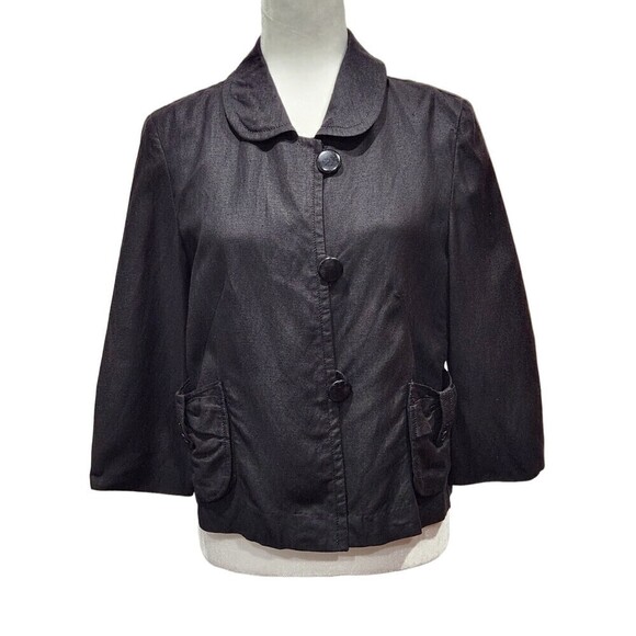 LARRY Levine Black Linen Blend Button Front Peter Pan Collar Blazer Jacket, M - Picture 1 of 9
